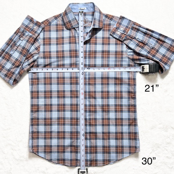 Bugatchi Mens Plaid Blue Brown Logo Embroidered Long Sleeve Buttondown Shirt - Picture 9 of 9